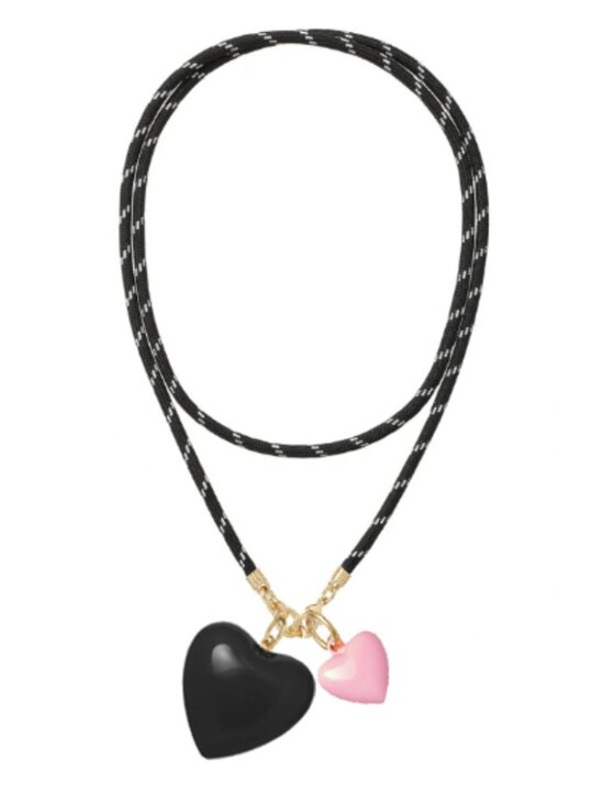 Roxanne Assoulin Jewelry - Roxanne Assoulin The Happy Cord Long Big Double Heart Necklace Black/Black/Pink